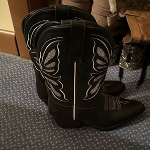 Black Embroidered Heeled Boots
